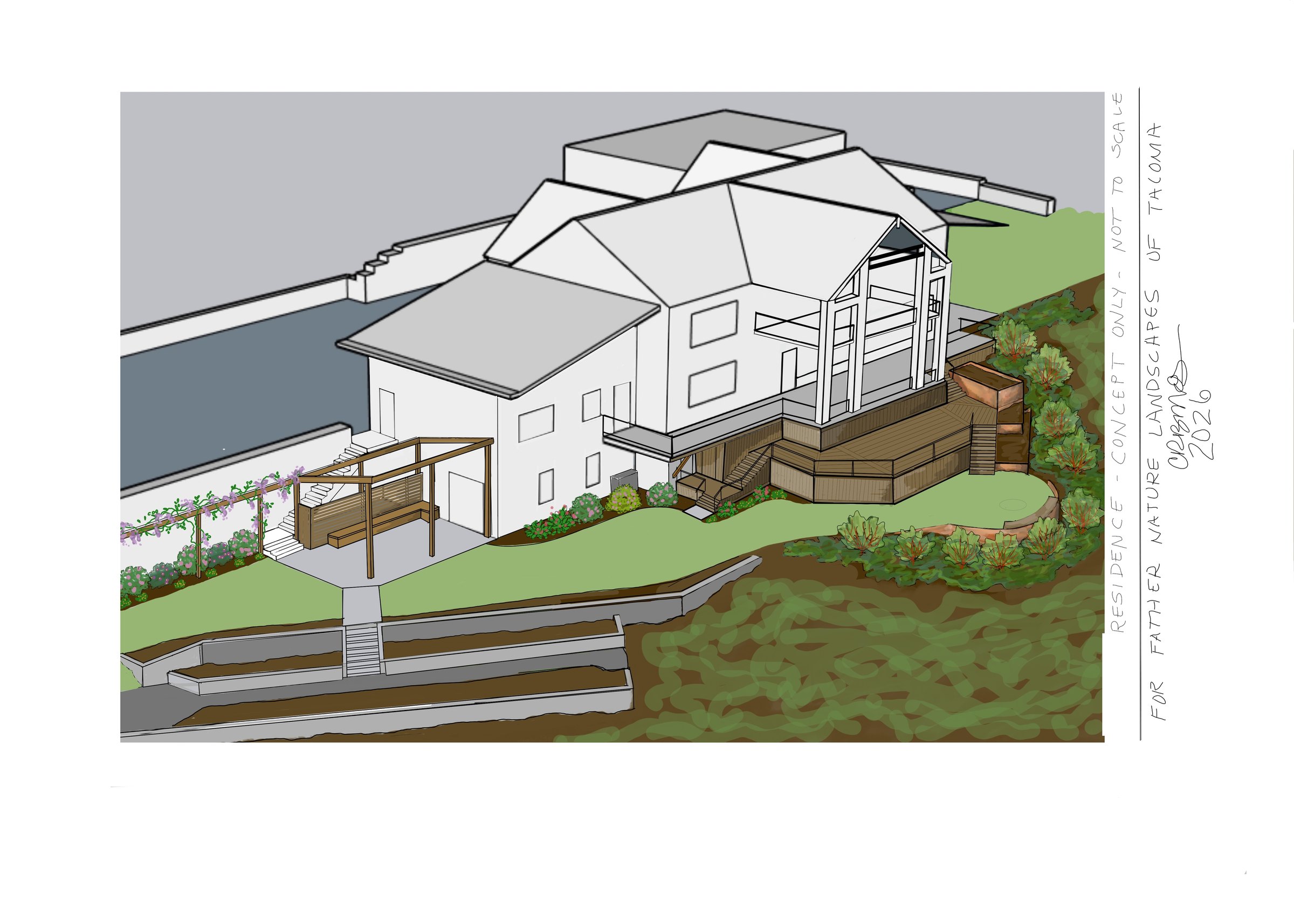 Hand-drawn color perspective of a Longbranch, WA waterfront backyard — patios, deck, garden walls, and layered plantings stepping toward the water