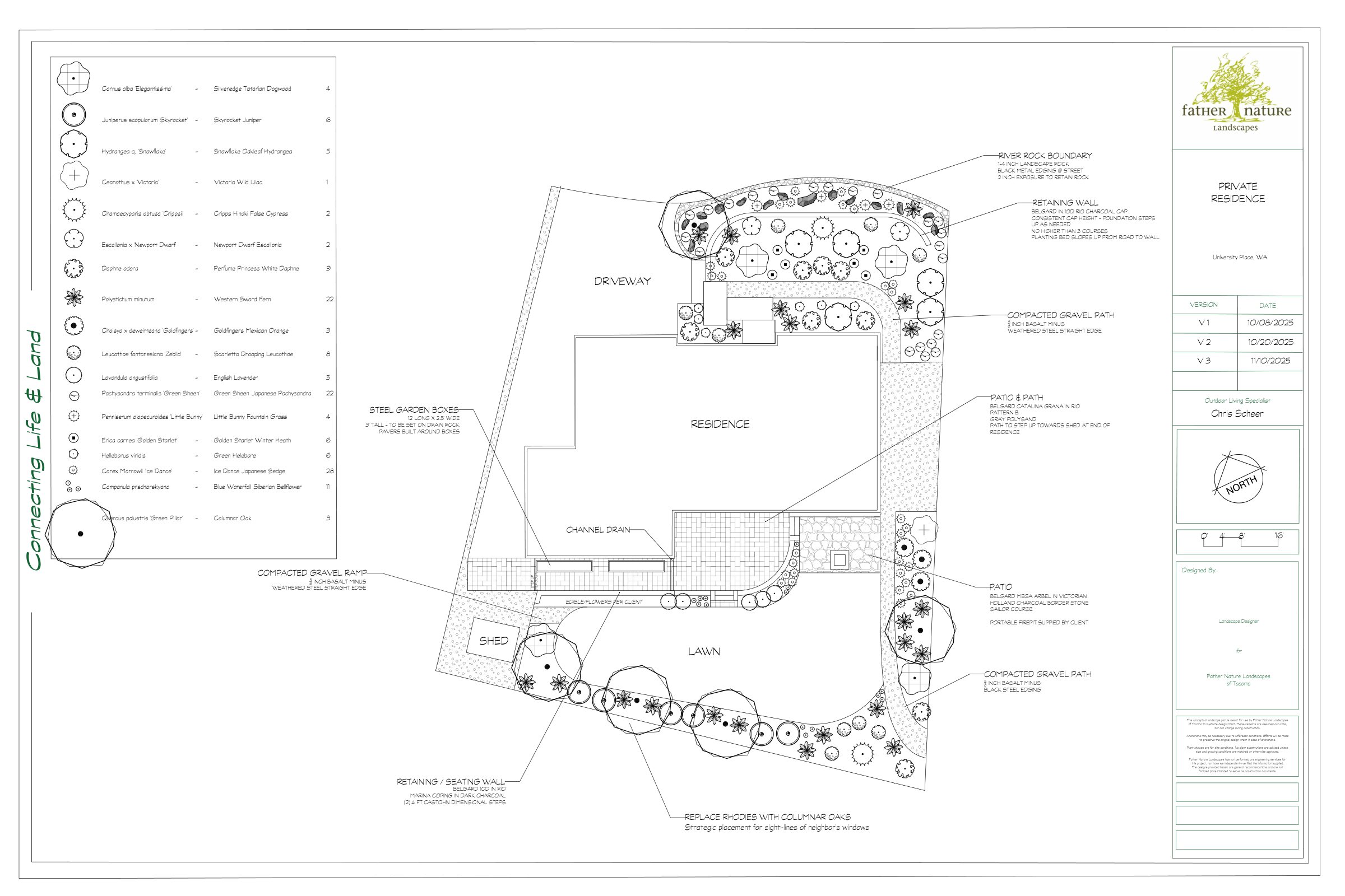 Landscape plan for a University Place, WA property — compacted gravel paths and ramp, steel garden boxes, river rock boundary, and a retaining and seating wall