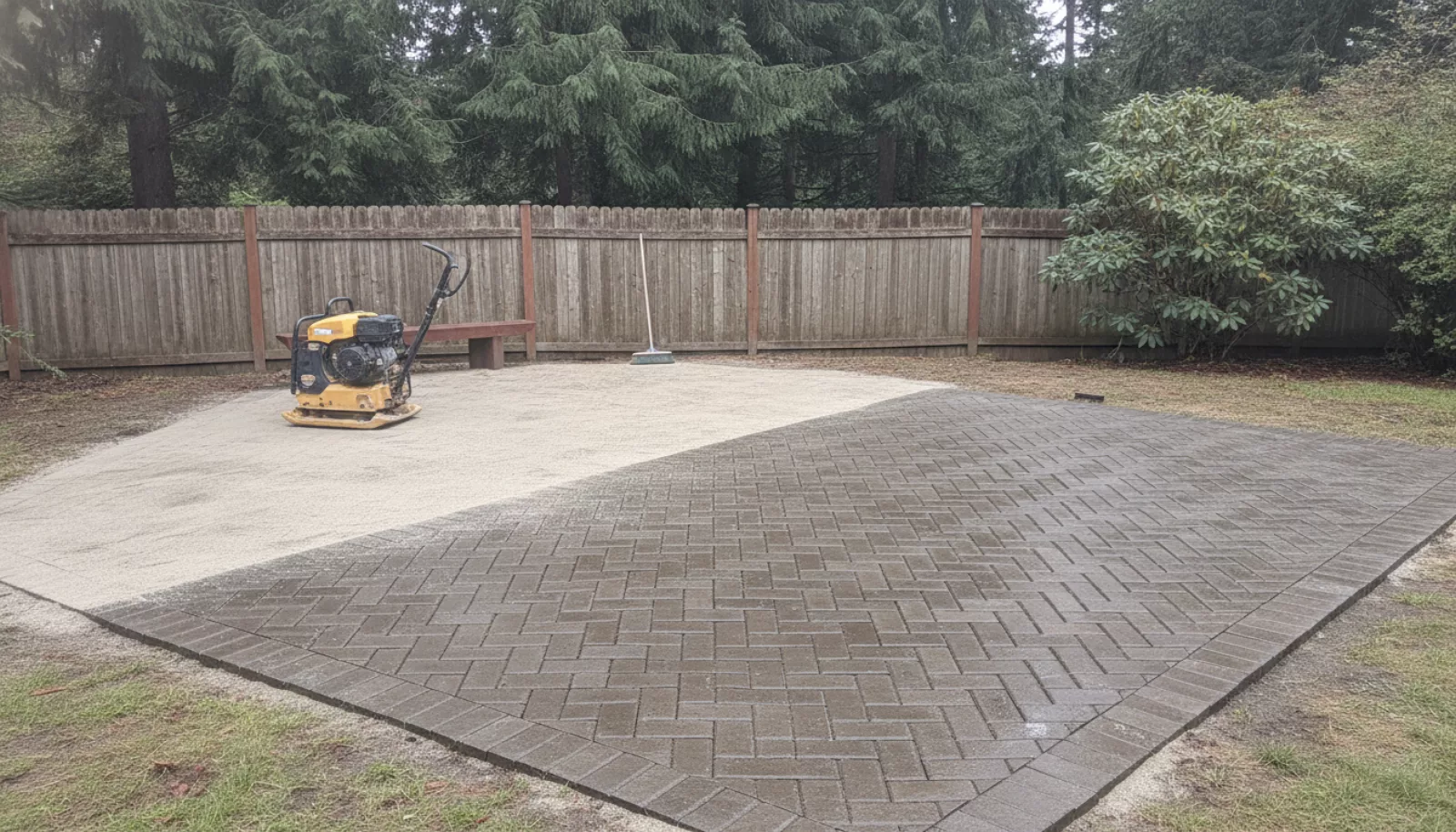 Freshly laid herringbone concrete paver patio in a Tacoma backyard with a compactor at the edge