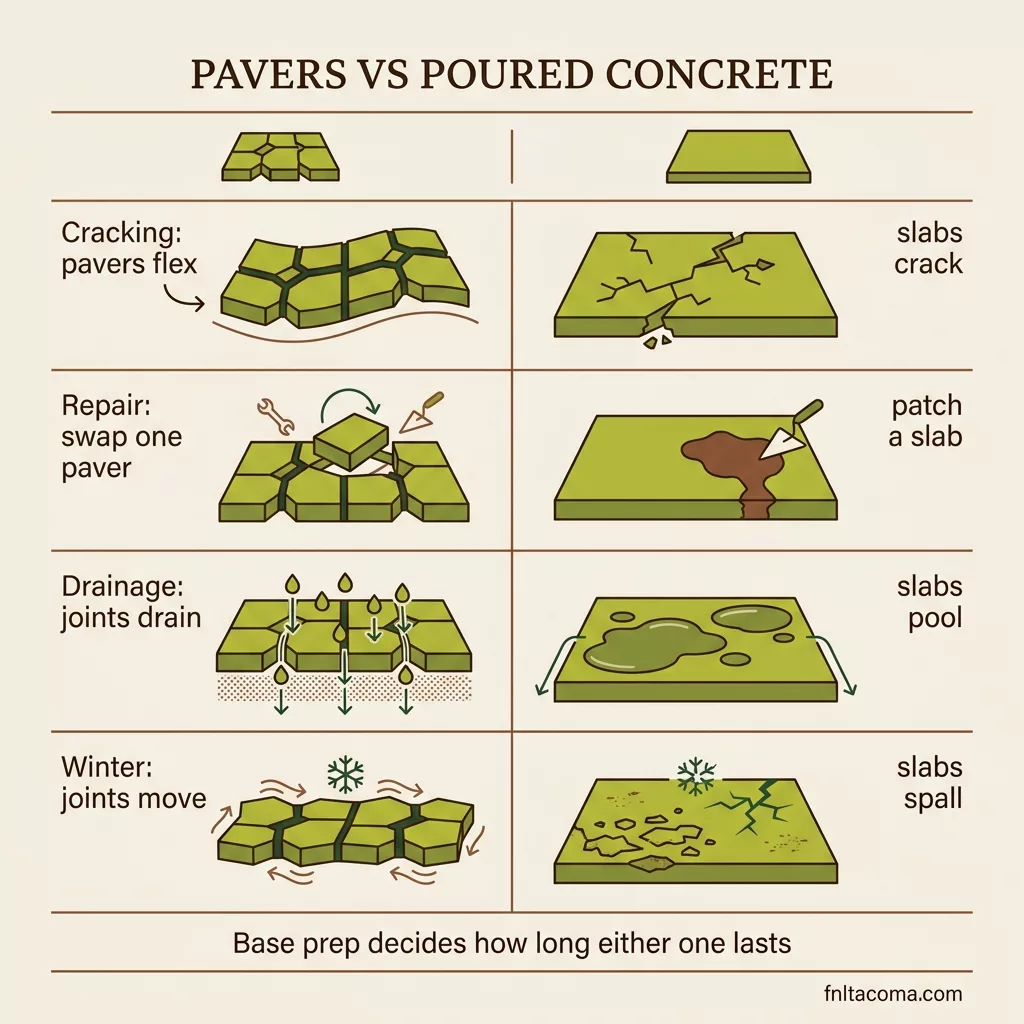 Comparison of pavers and poured concrete across cracking, repair, drainage, and winter performance: pavers flex, swap, and drain while slabs crack, get patched, and pool