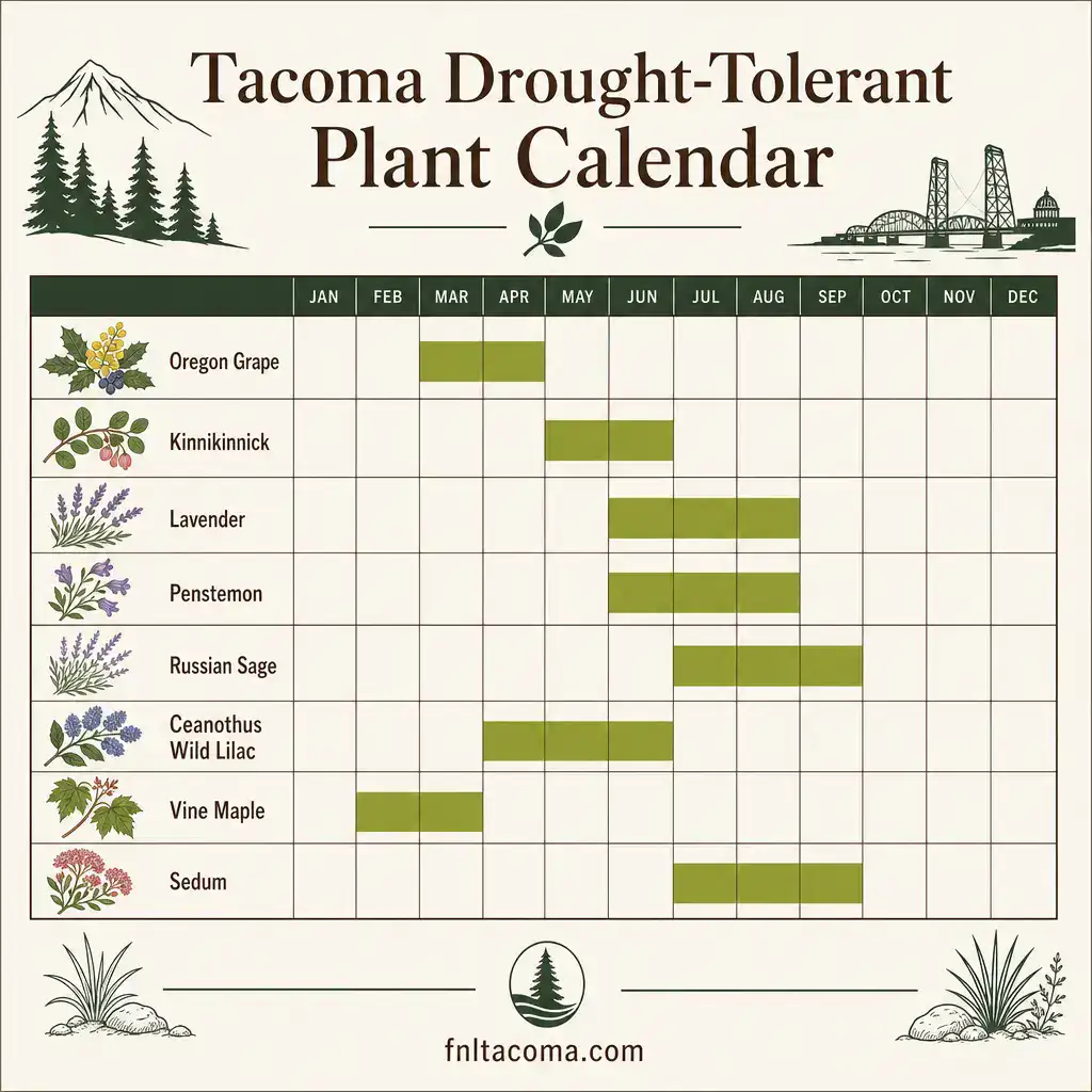 Tacoma drought-tolerant plant bloom calendar showing seasonal active periods for Oregon grape, kinnikinnick, lavender, penstemon, Russian sage, ceanothus, vine maple, and sedum across all 12 months