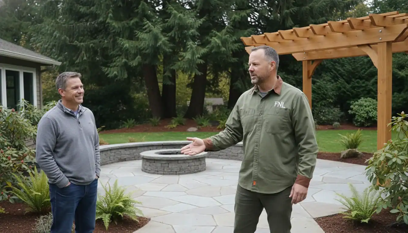 Chris Scheer of Father Nature Landscapes on a finished Tacoma backyard with cedar pergola and flagstone patio