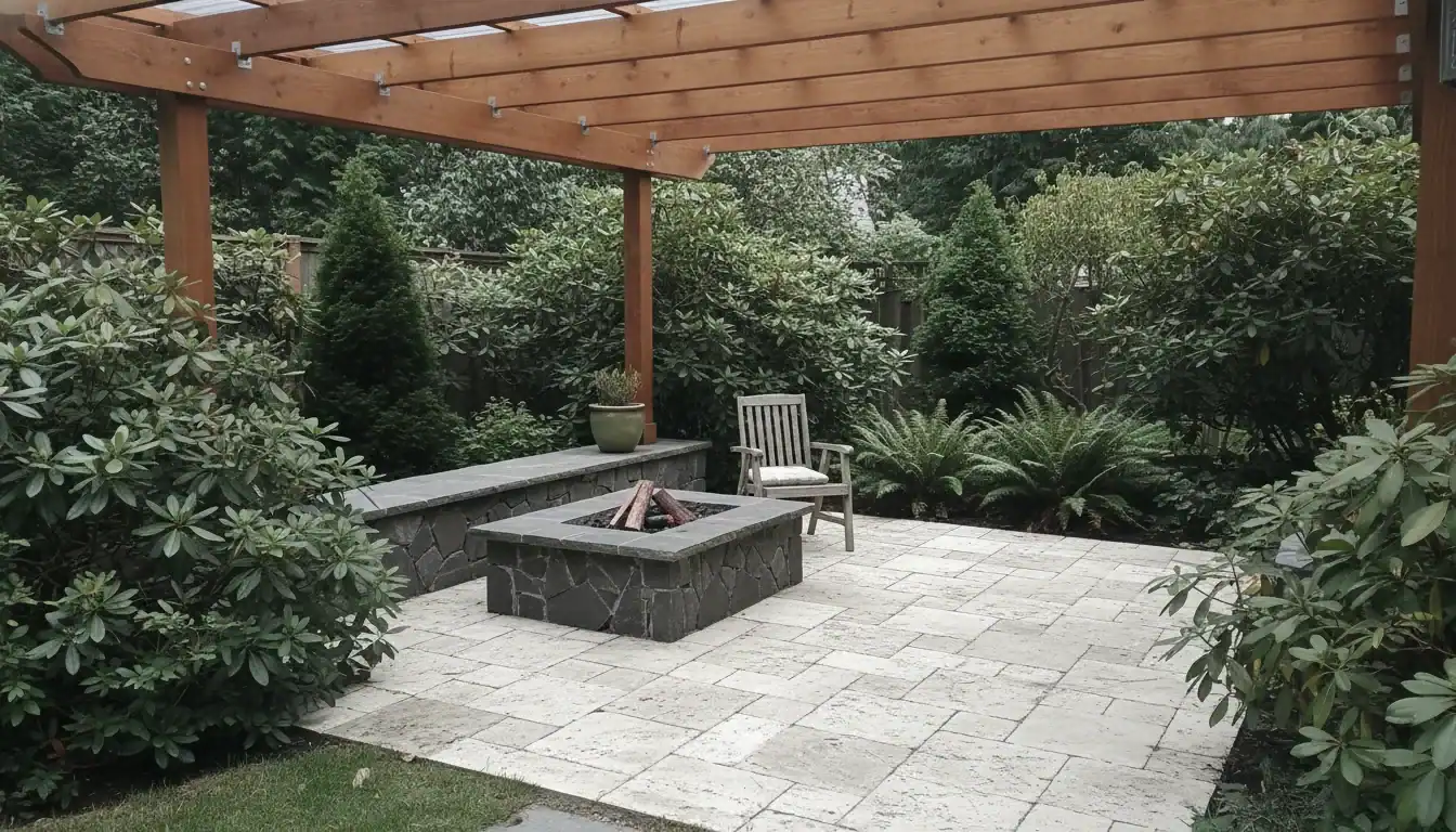 Covered patio in Tacoma backyard with natural stone pavers, fire feature, and Pacific Northwest border plantings, overcast natural light