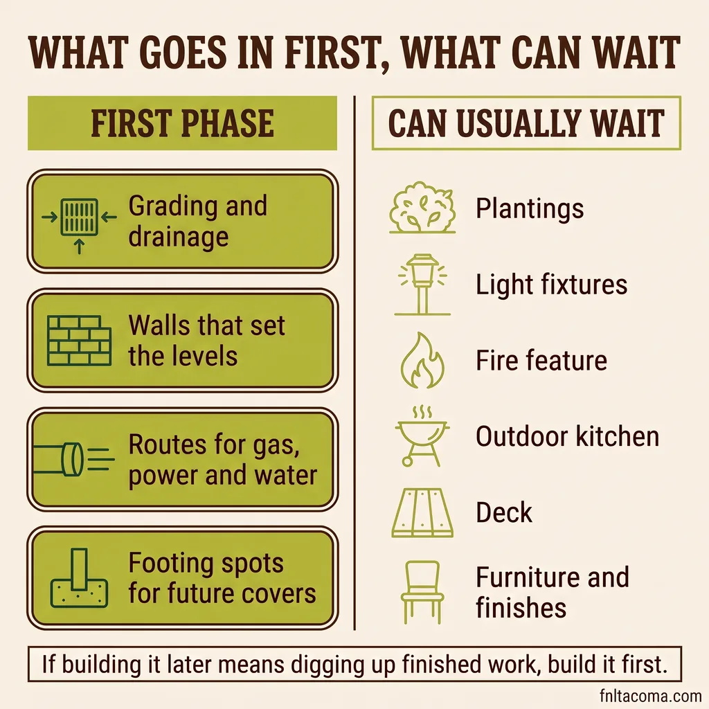 What goes in first and what can wait in a phased landscape project: grading and drainage, walls that set the levels, routes for gas, power and water, and footing spots for future covers go in the first phase; plantings, light fixtures, a fire feature, an outdoor kitchen, a deck, and furniture and finishes can usually wait
