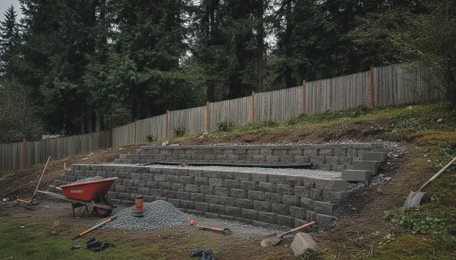 Segmental block retaining wall under construction on a sloped Tacoma backyard with gravel backfill and drain pipe visible