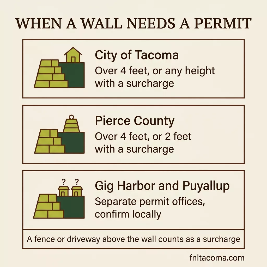 Permit rules by jurisdiction: City of Tacoma requires a permit over 4 feet or any height with a surcharge; Pierce County over 4 feet or 2 feet with a surcharge; Gig Harbor and Puyallup have separate permit offices