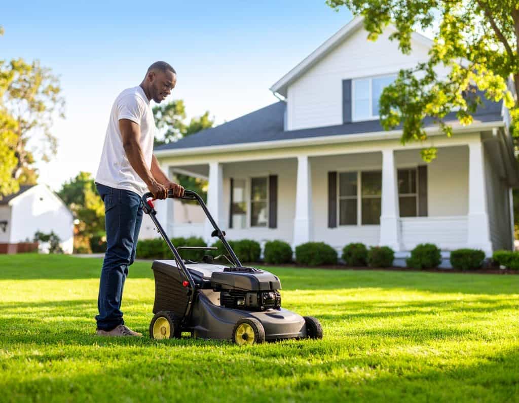 Man mowing lawn and thinking about Lawn Care Tips For Homeowners